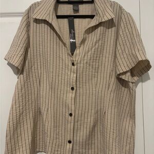 Beige Striped Short-Sleeve Button-Down Shirt